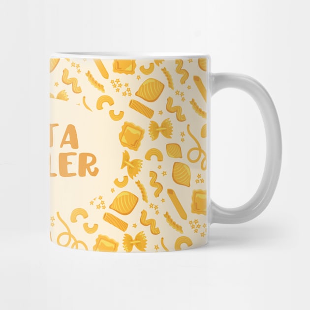"Pasta Enabler" slogan + pattern of assorted pasta shapes on pale yellow by AtlasMirabilis